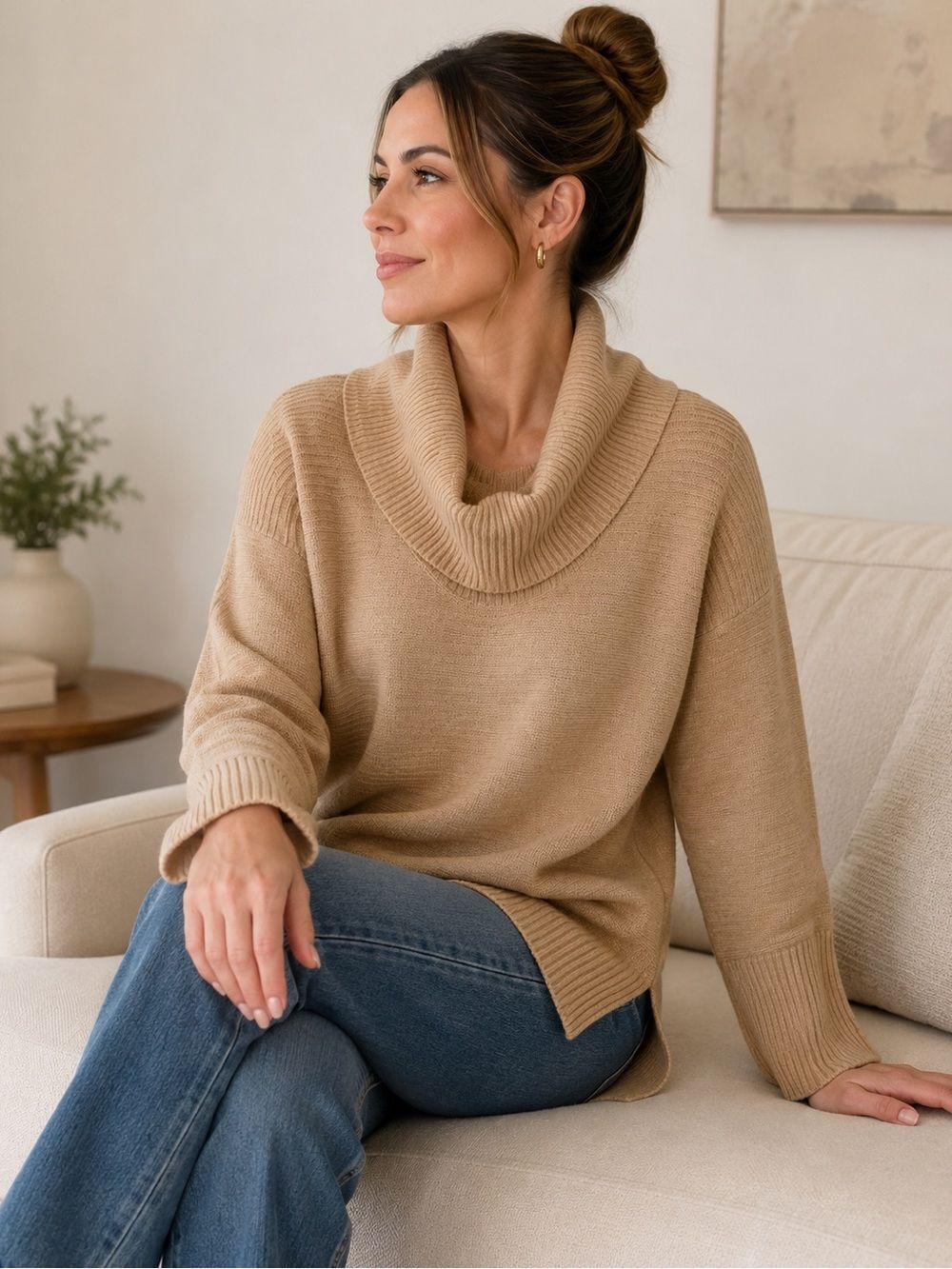Agate Women’s Cowl Neck Knit Sweater Beige Long Sleeve Size Medium